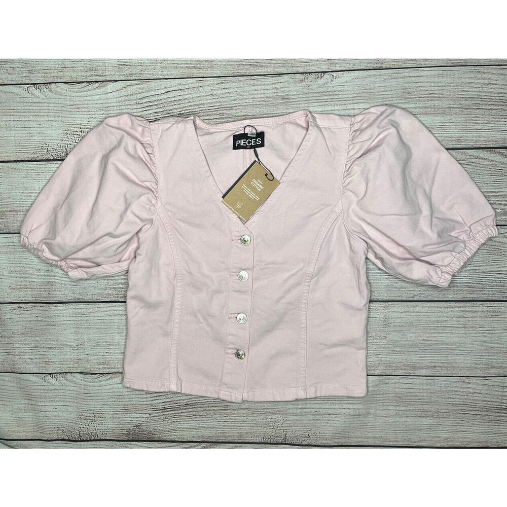Pieces Brand Women’s XS Denim Top Button Up Baby Pink Puff Sleeve I3